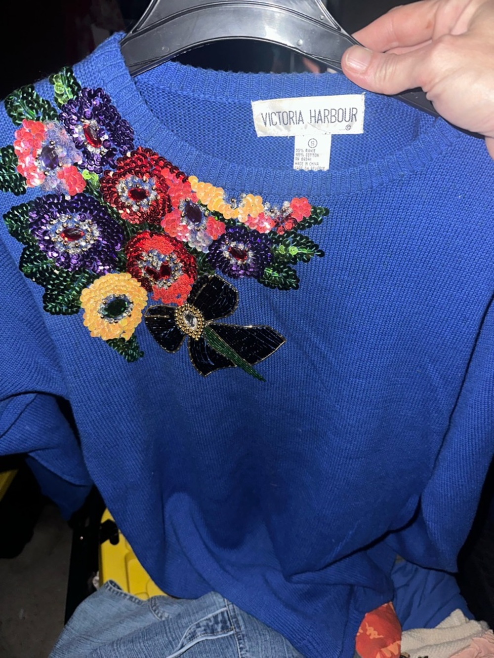 Victoria Harbour Blue Embroidered Floral Sweater